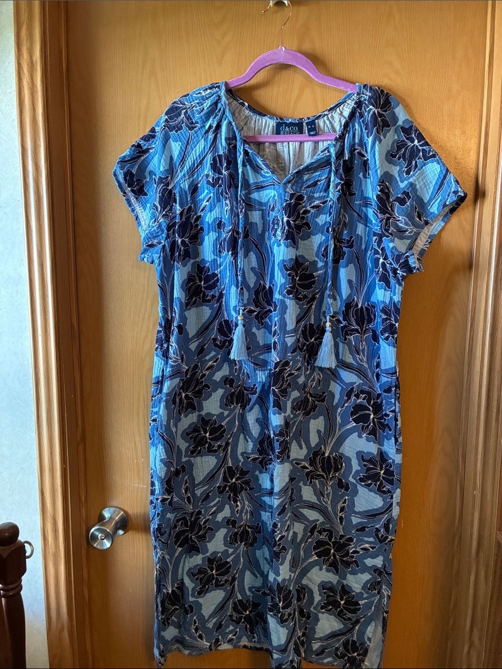 Blue Floral Midi Dress with Tie Neck